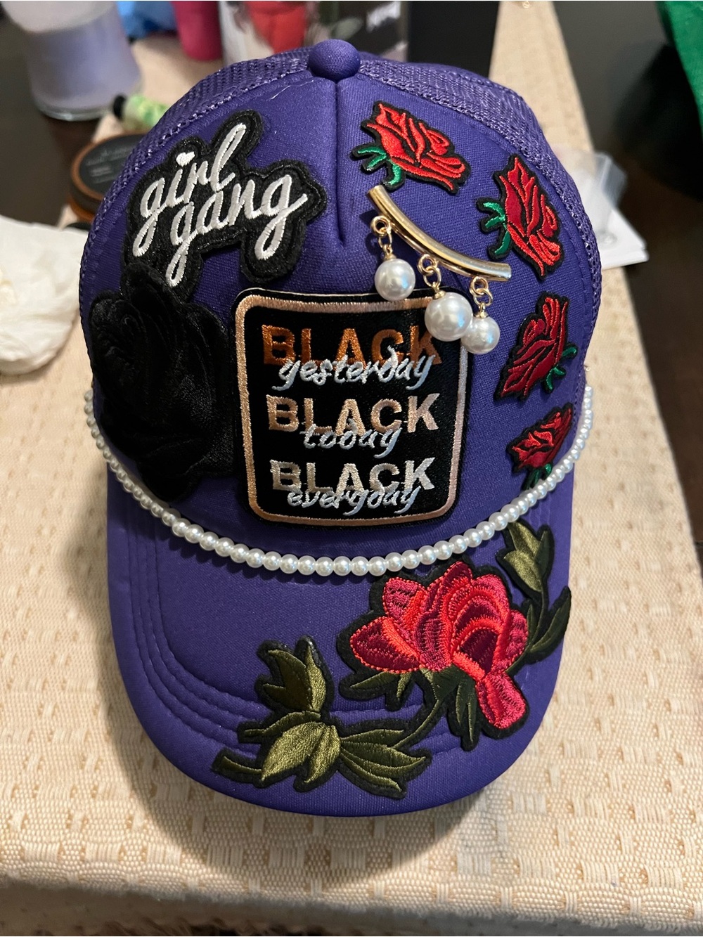 Purple Embroidered Pearl Accent Cap - Girl Gang junk hat